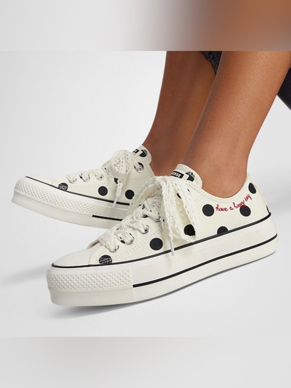NEW Converse ALL STAR OX LIFT Cream Canvas Black Polka Dot Platform Sneakers 8
